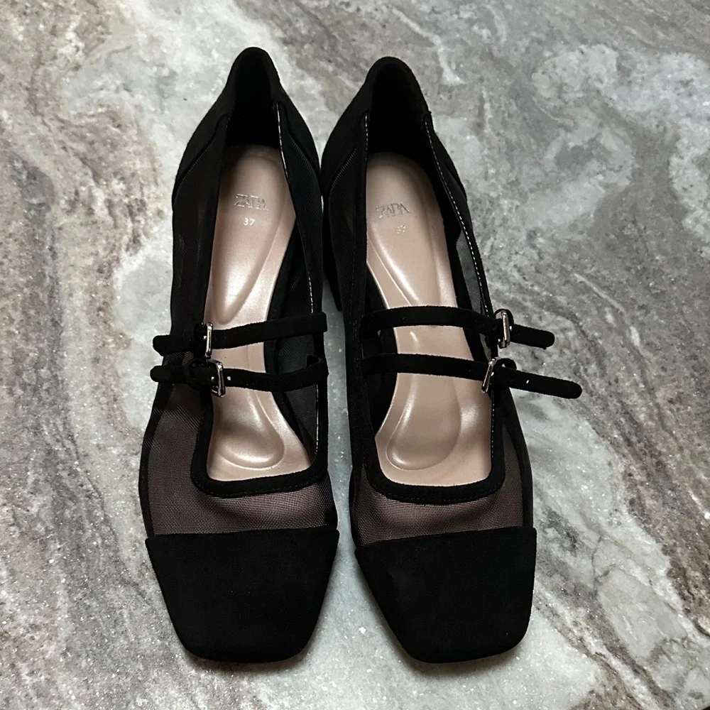 Zara Black Mesh Squared Toe Block Heeled Mary Jane’s Sz 37 (6.5)